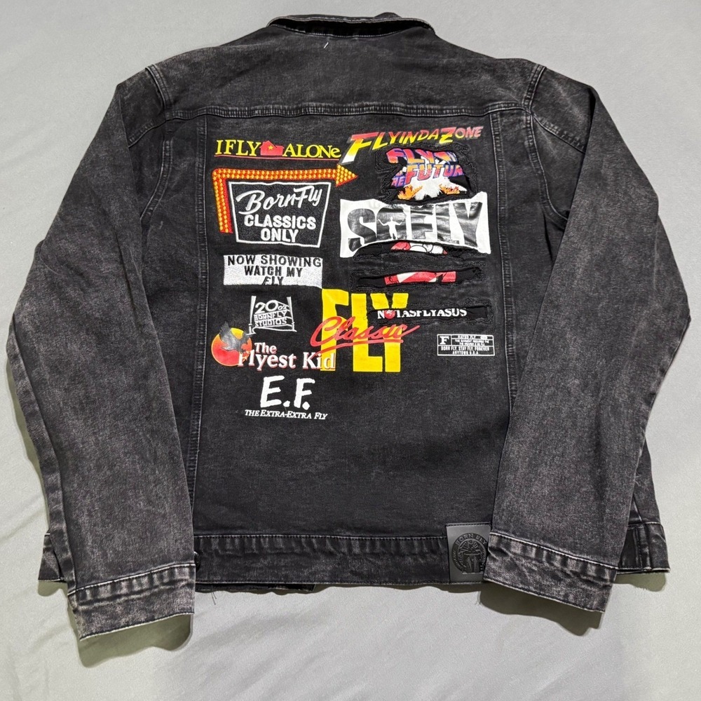 Born Fly Denim Jacket Mens XL Black Acid Wash Graphic Patch Streetwear Trucker